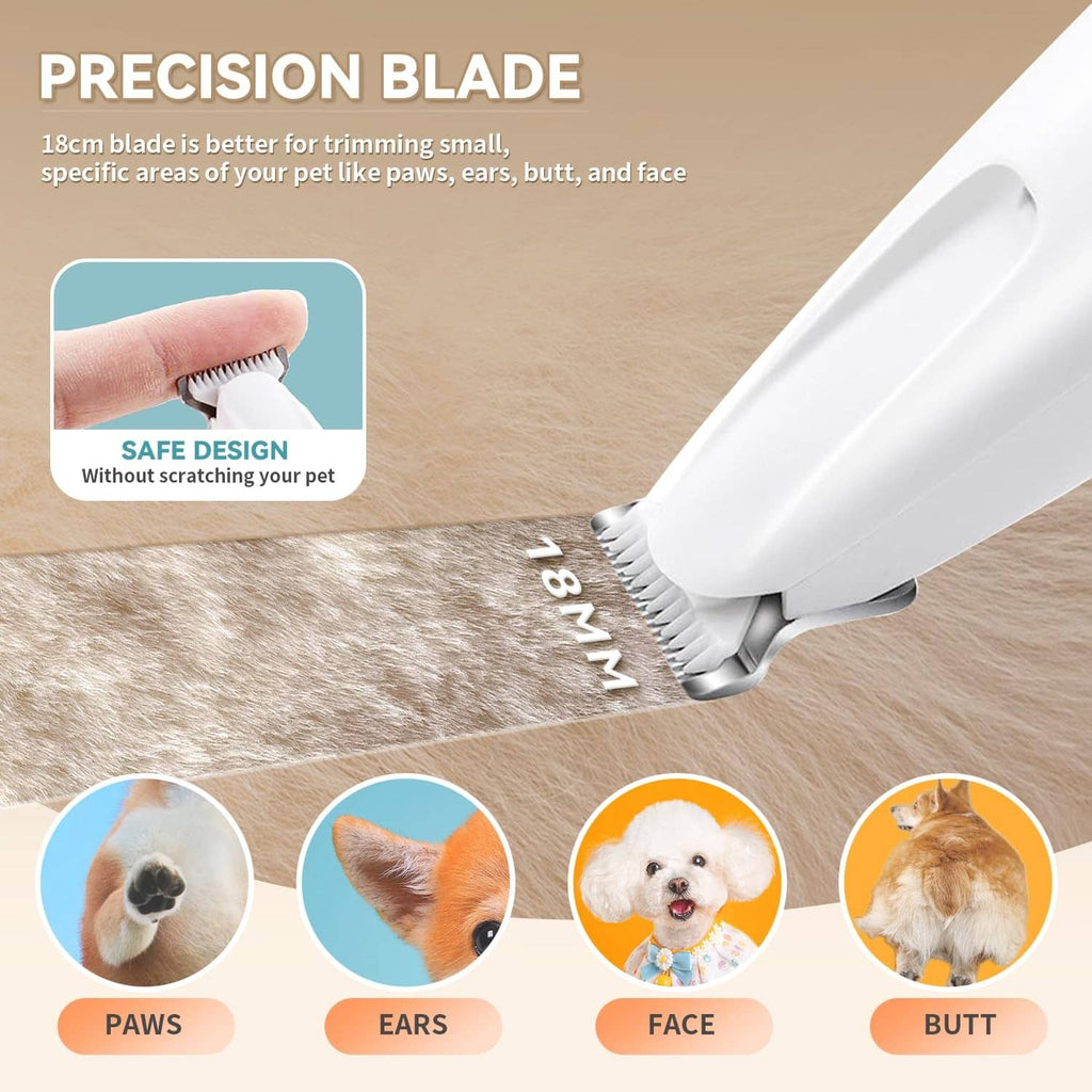 Pet trimmer with precision blade attachment, shaving head held close to fur
