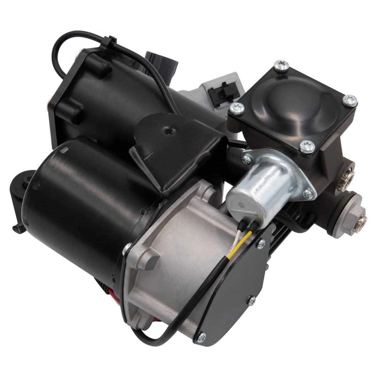 Air suspension compressor pump with black housings and silver valve assembly