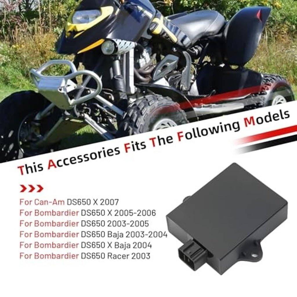 Black CDI ignition module pictured with plug connector and mounting holes