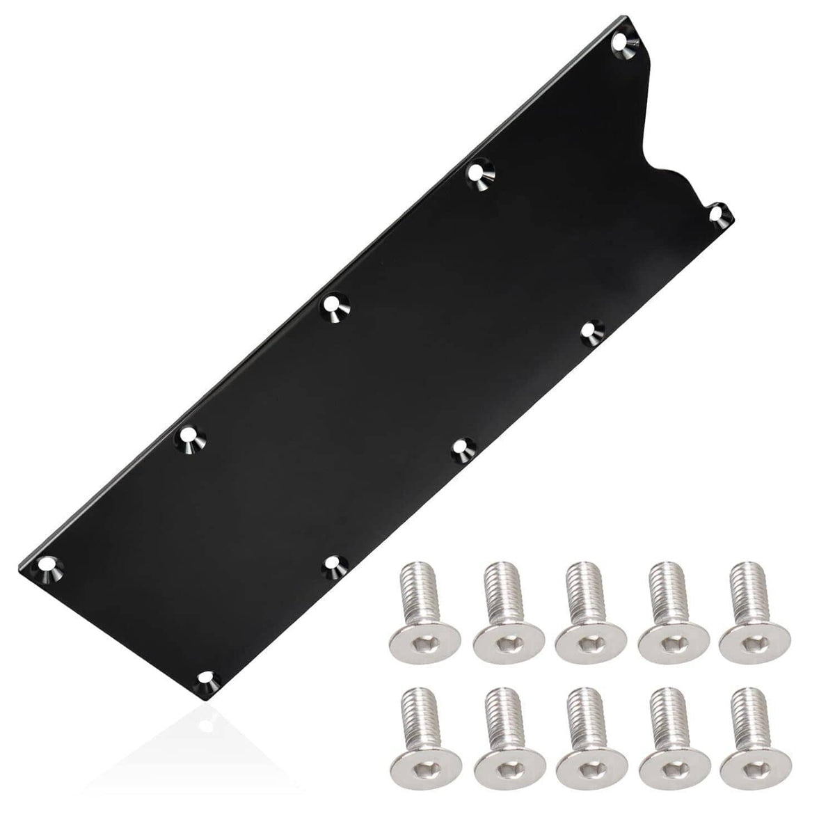 Billet aluminum valley pan cover plate, black finish, with mounting holes and bolts included