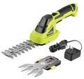 Cordless grass shear bush trimmer in lime green with black handle and included charger.