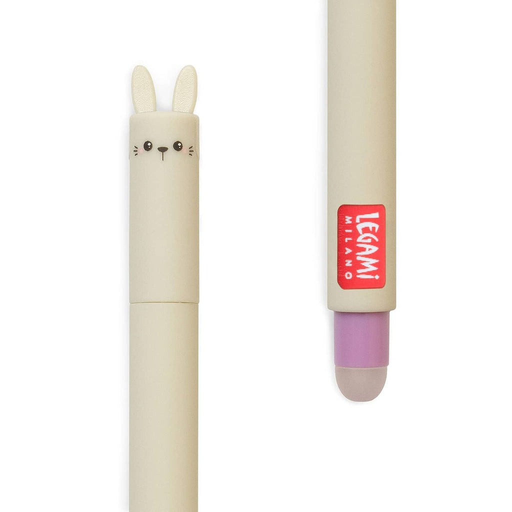 Legami rabbit gel pen with beige cap and purple ink tip, showing the red Legami label