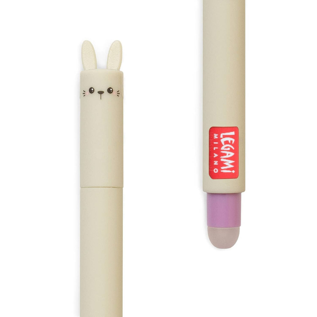 Legami rabbit gel pen with beige cap and purple ink tip, showing the red Legami label