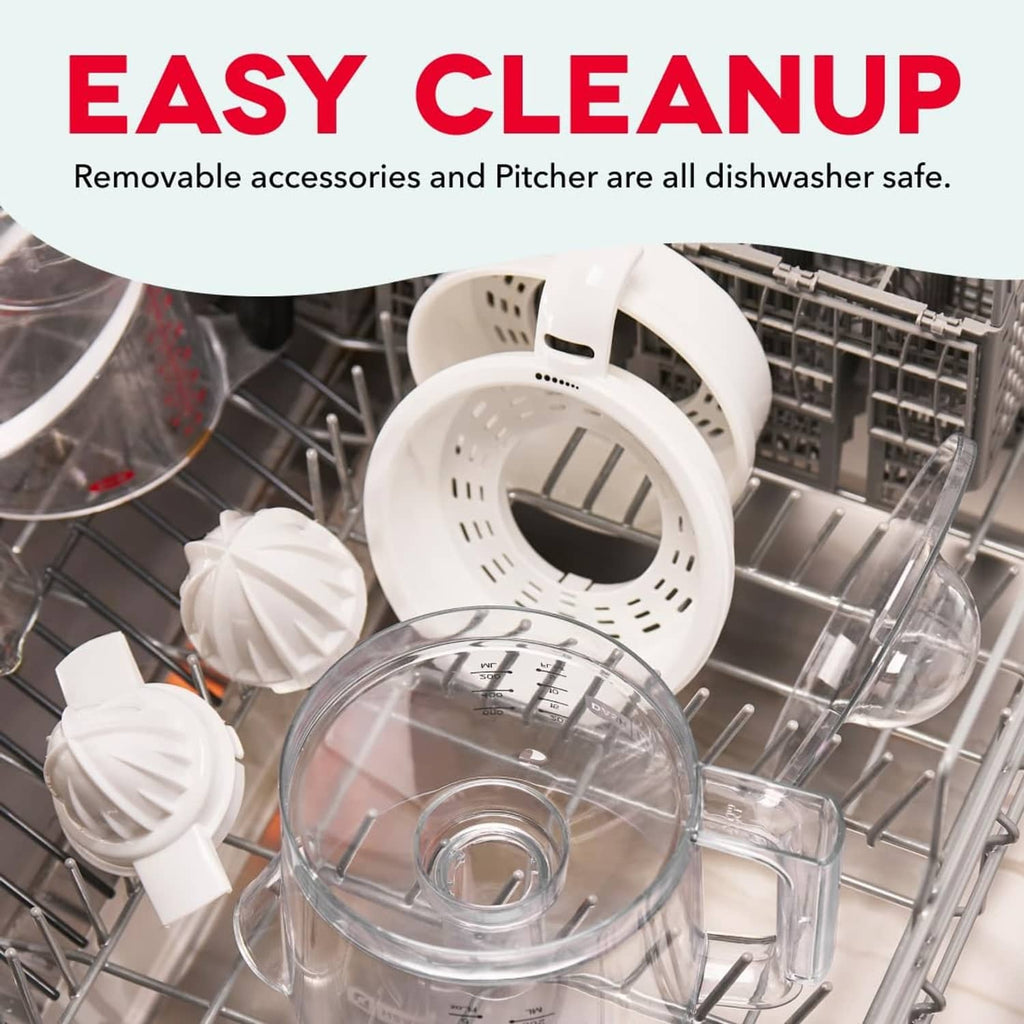 Dishwasher-safe citrus juicer accessories in a rack, including cones and pitcher parts