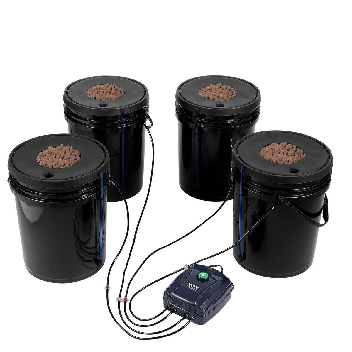 Black DWC hydroponic system with four buckets, blue air tubes, and air pump