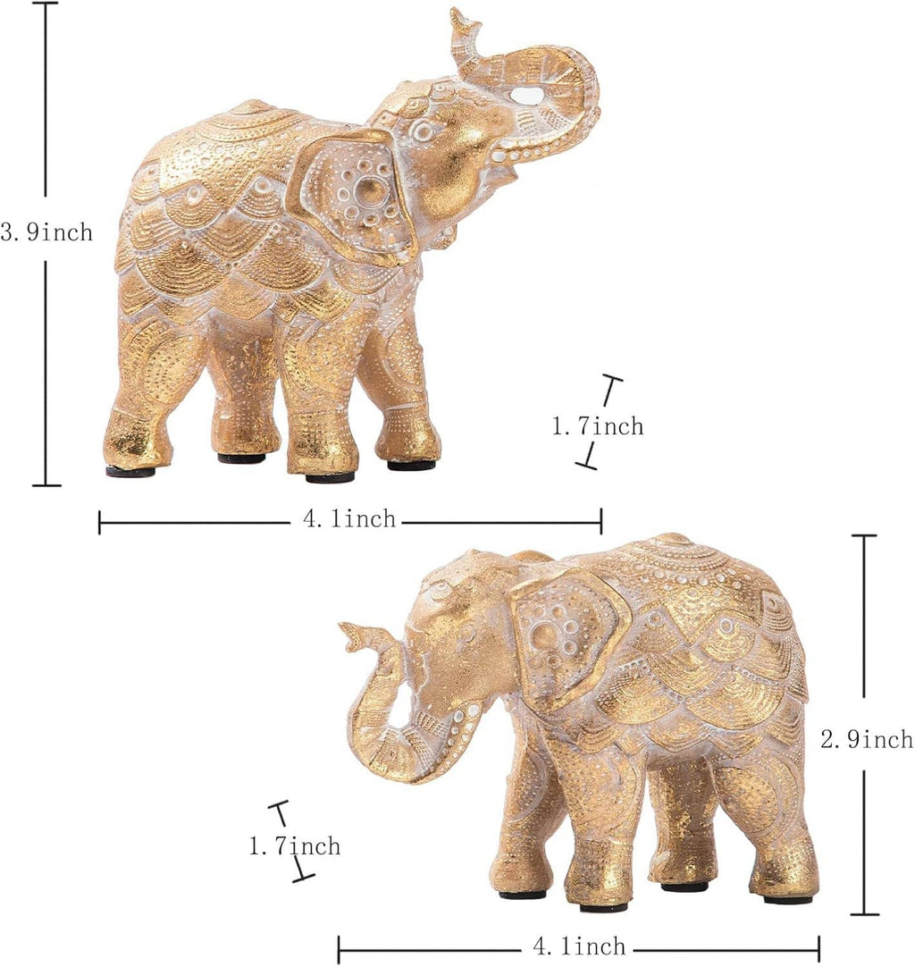 Gold elephant figurine pair with raised trunks, shown front and side views.