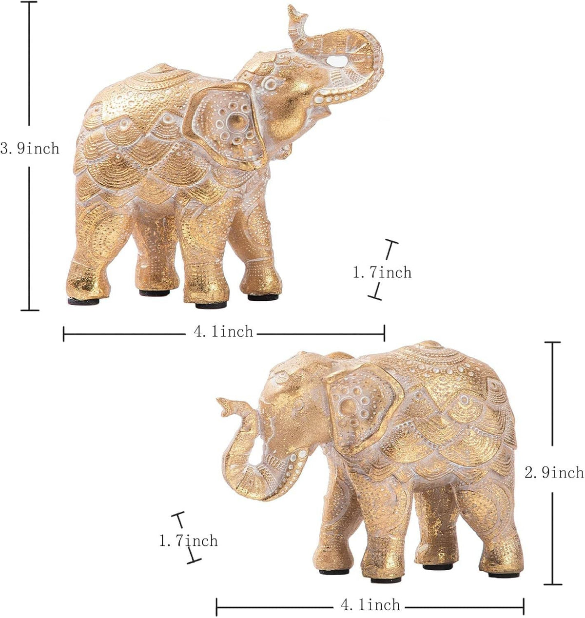 Gold elephant figurine pair with raised trunks, shown front and side views.