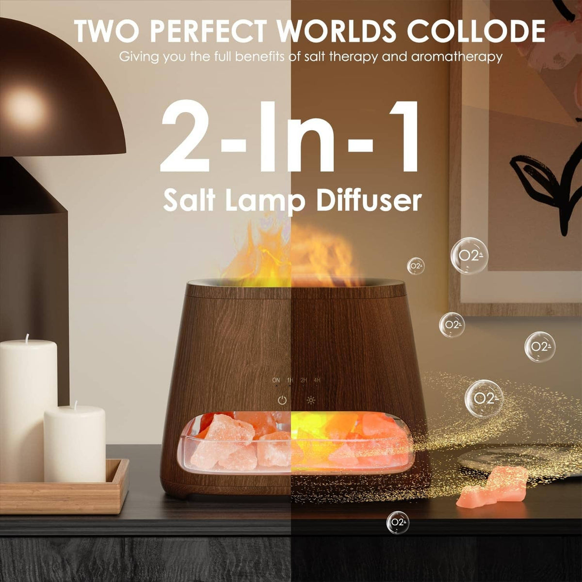 Dark wood salt lamp diffuser humidifier with glowing pink salt-rock tray on a base