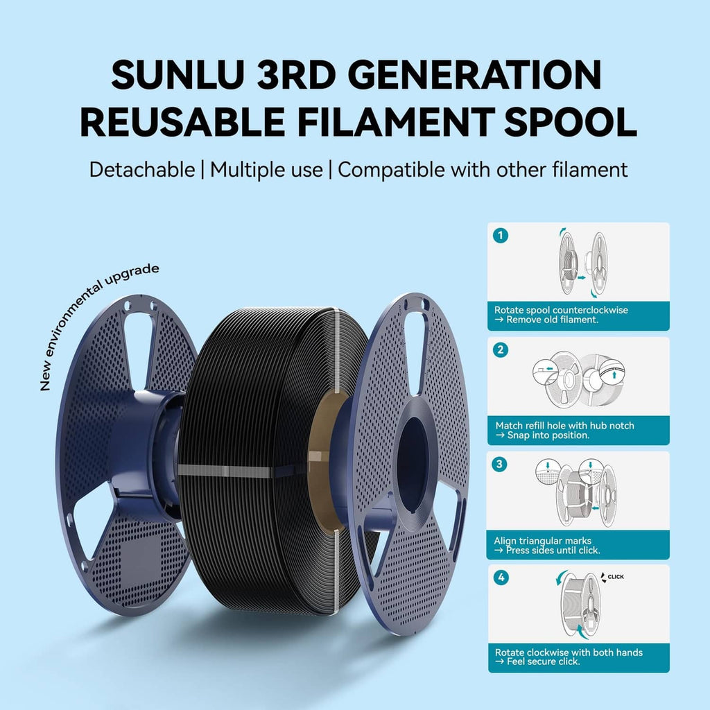 Reusable PLA 3D filament spool with black filament on a two-part circular design