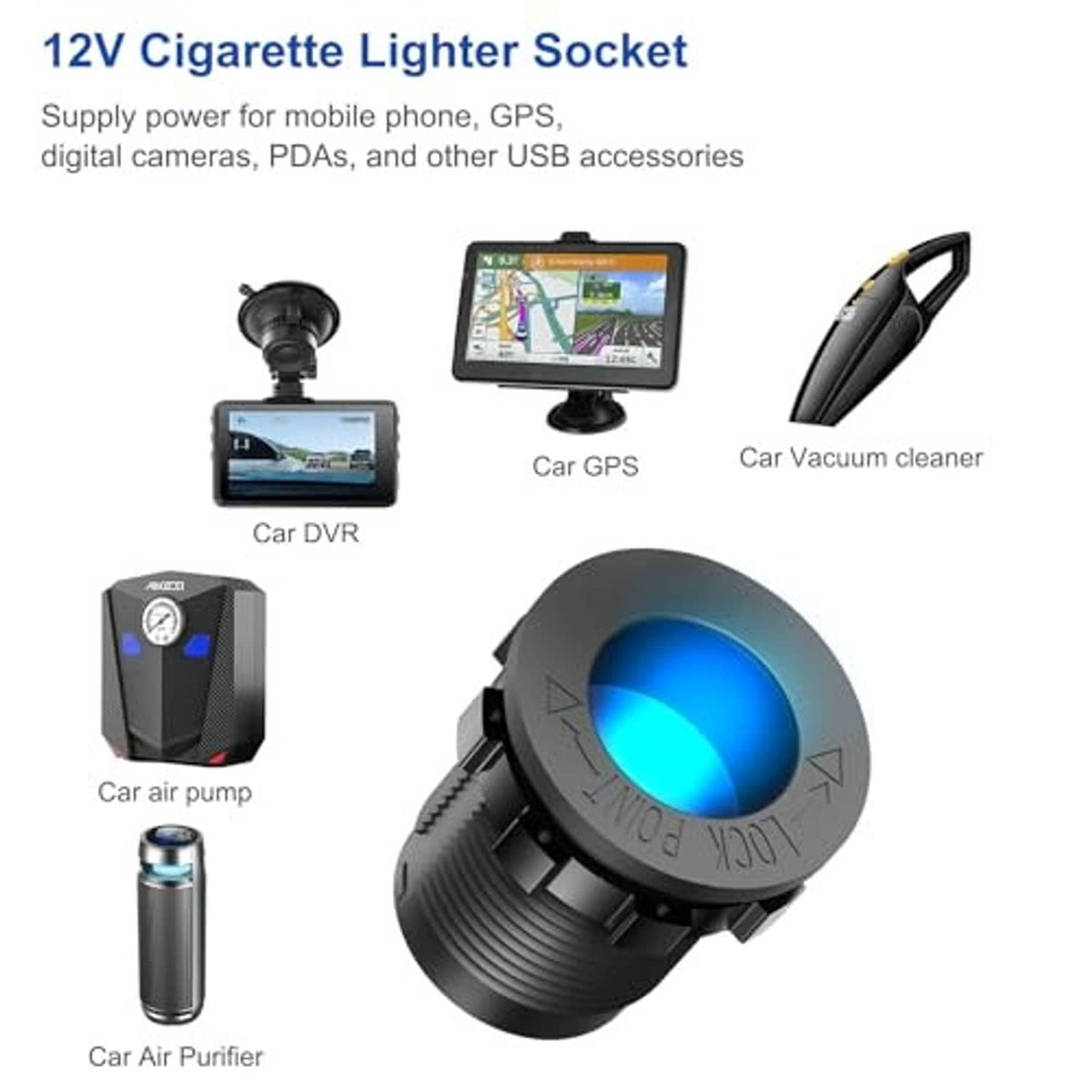 12V USB charger socket with blue glow ring and two USB ports for mobile charging