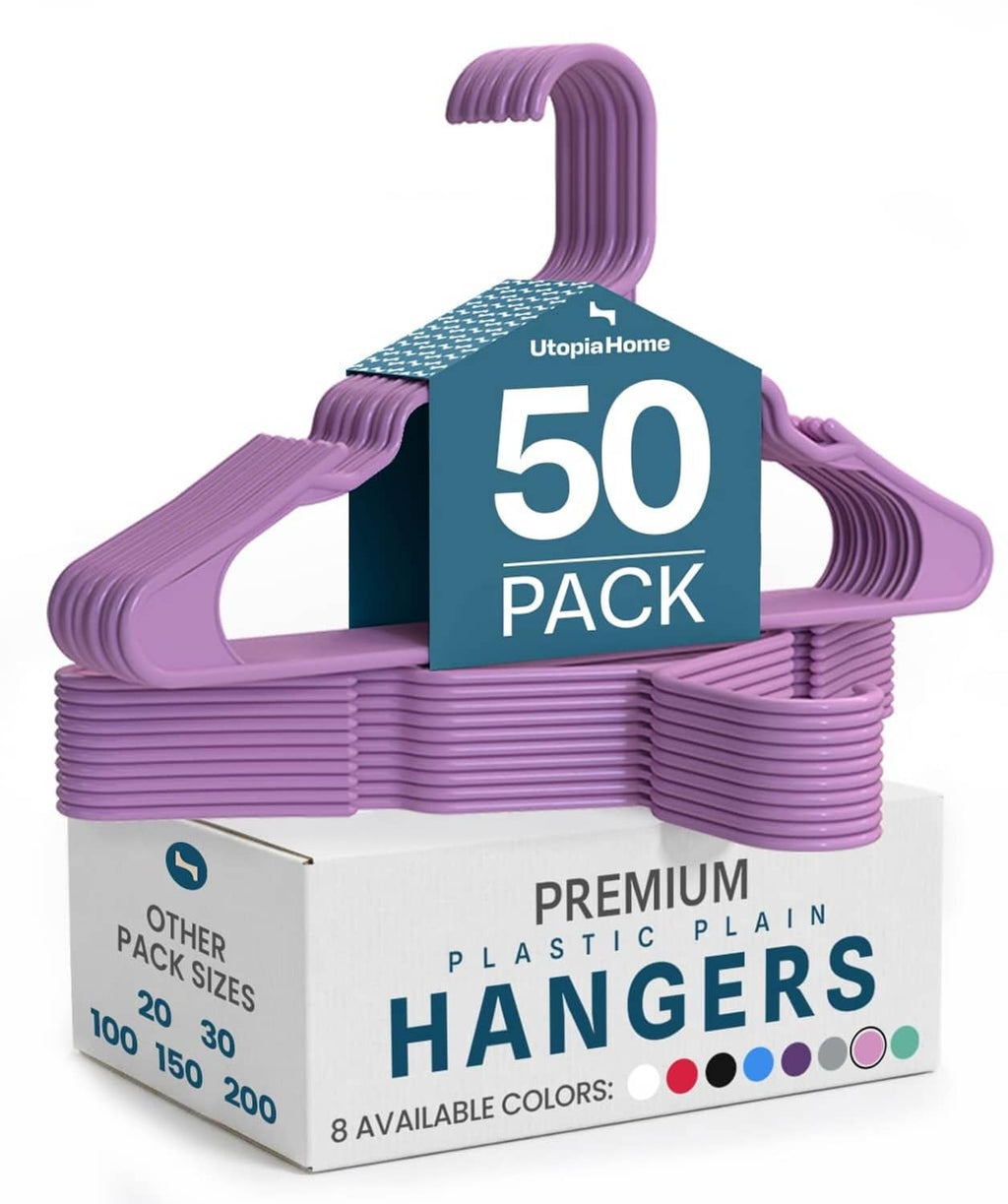 Pink plastic clothes hangers, 50-pack stack in a box