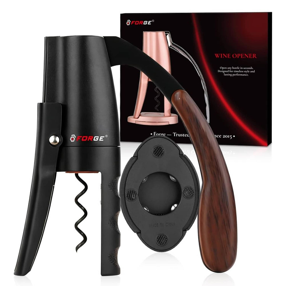 Black vertical lever wine opener with corkscrew and dark wooden handle