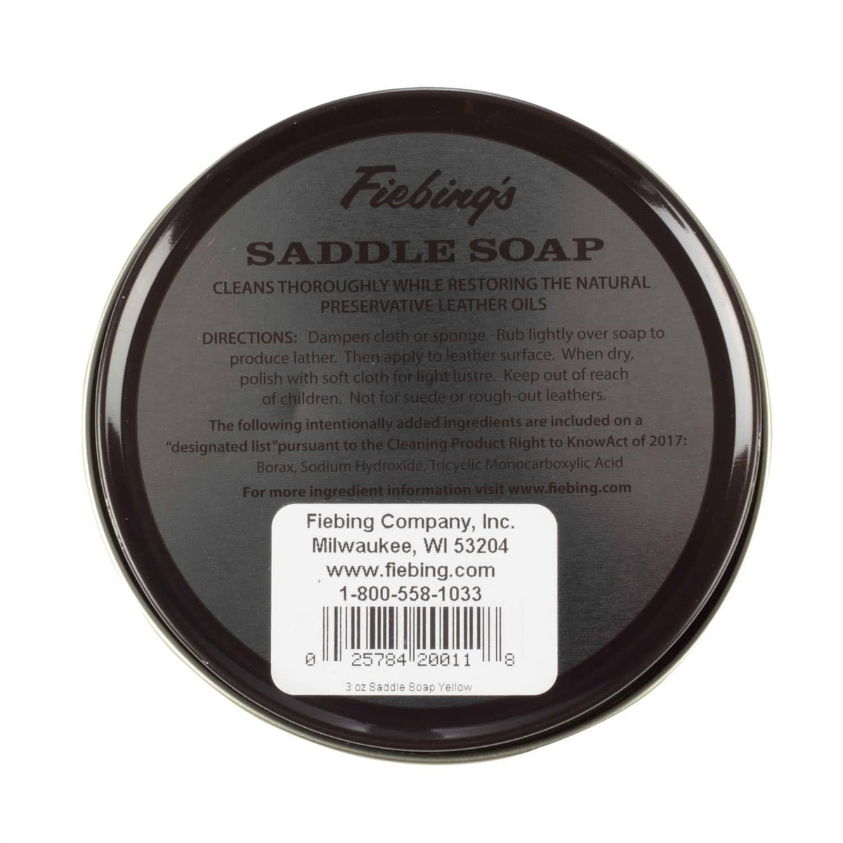 Bottom of Fiebing's Saddle Soap tin with printed directions and barcode