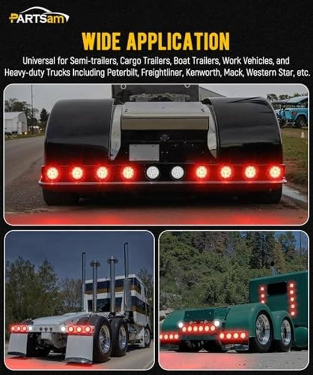 Rear trailer with red LED light bars and round red tail lamps in a set