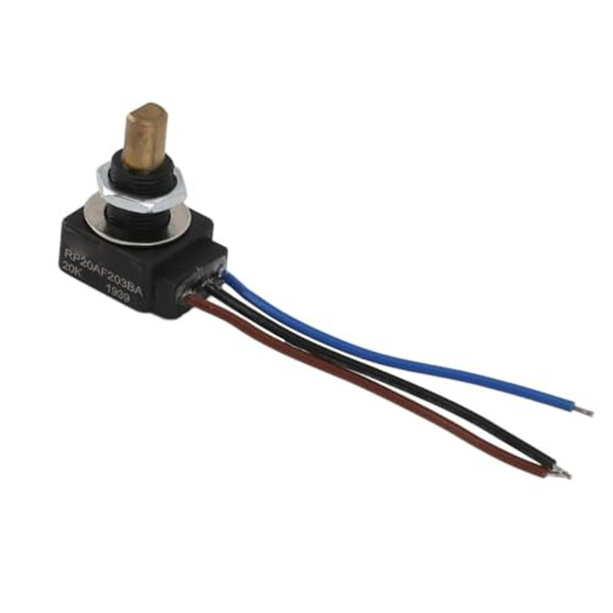 Adjustable resistor with black housing, brass adjustment top, and blue/black/brown leads