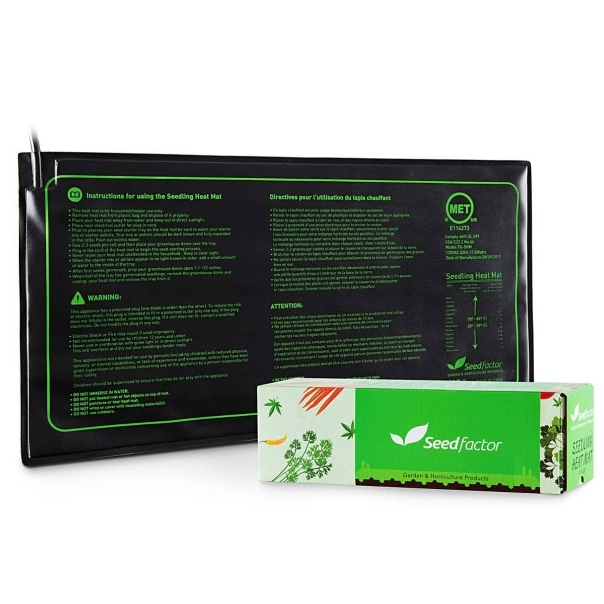Seedling heat mat with instruction booklet and Seedfactor packaging box
