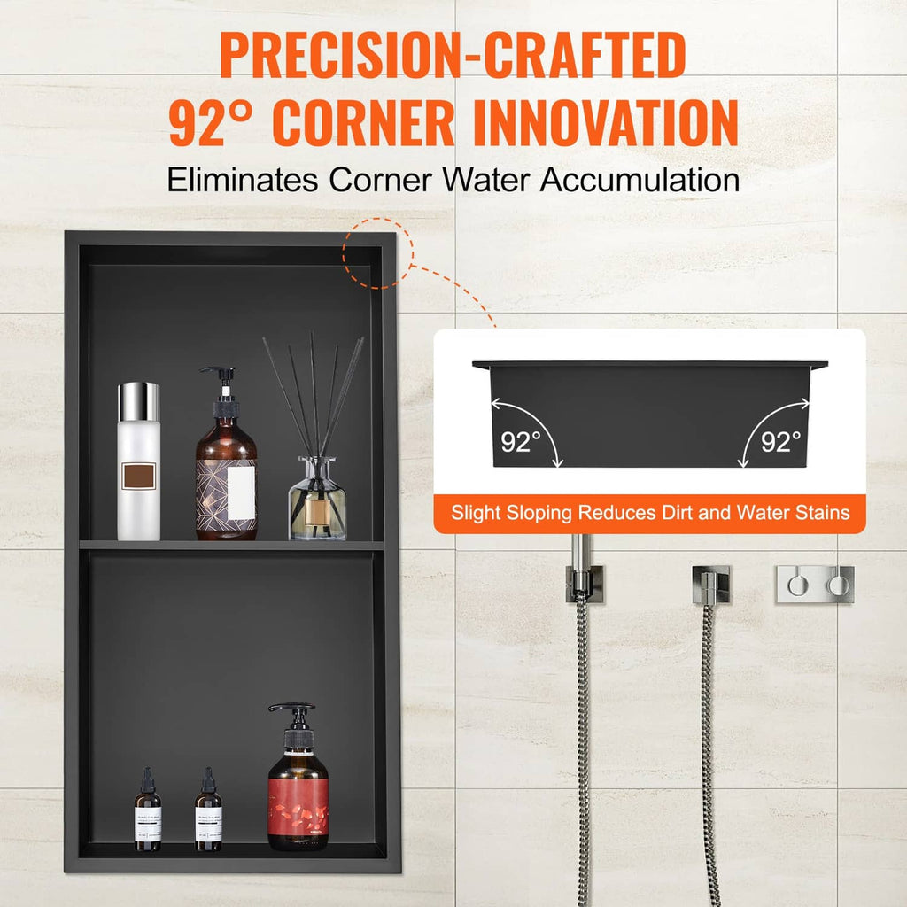 Black stainless steel shower niche insert with double shelves, 92-degree corner profile