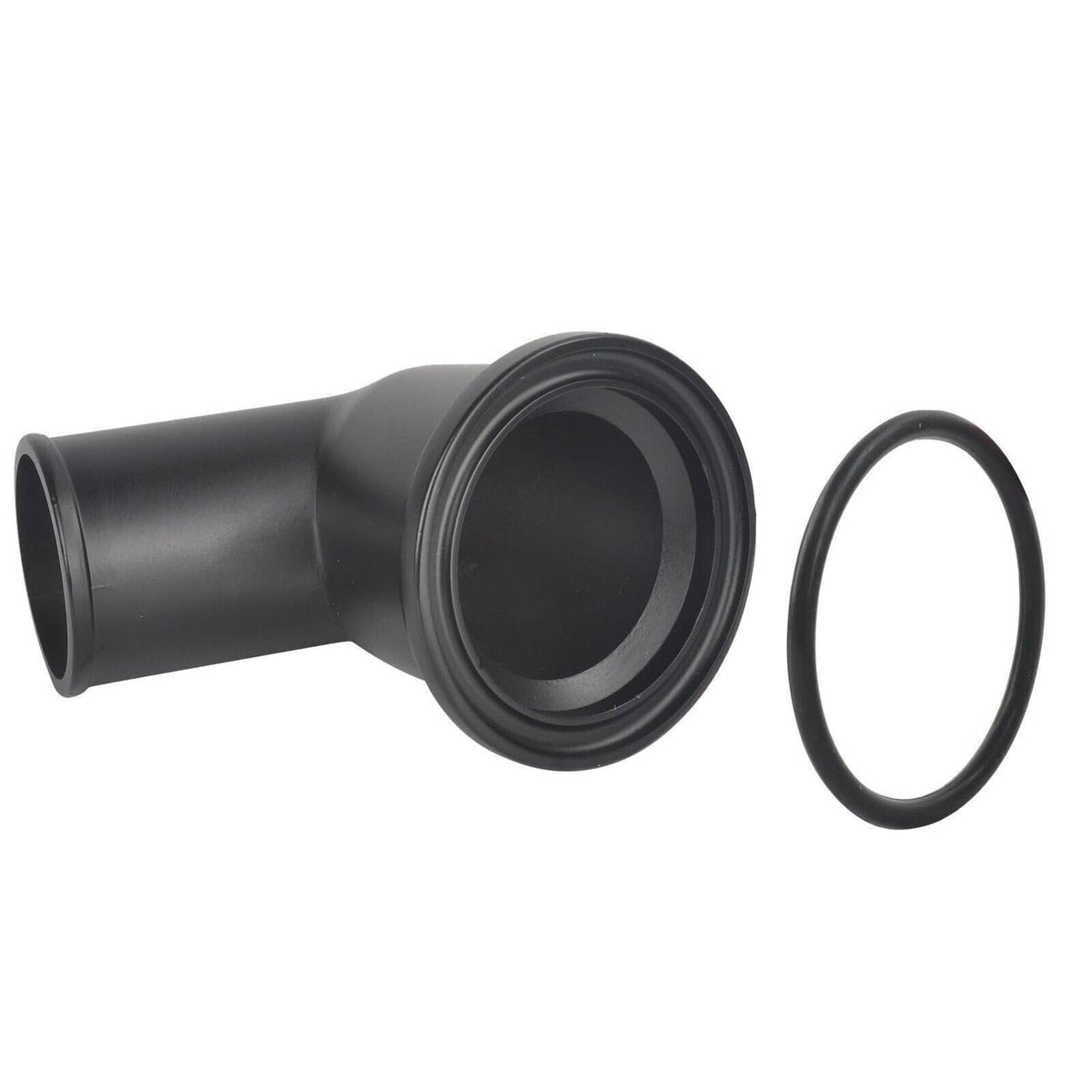 Black thermostat neck housing with circular seal ring and O-ring