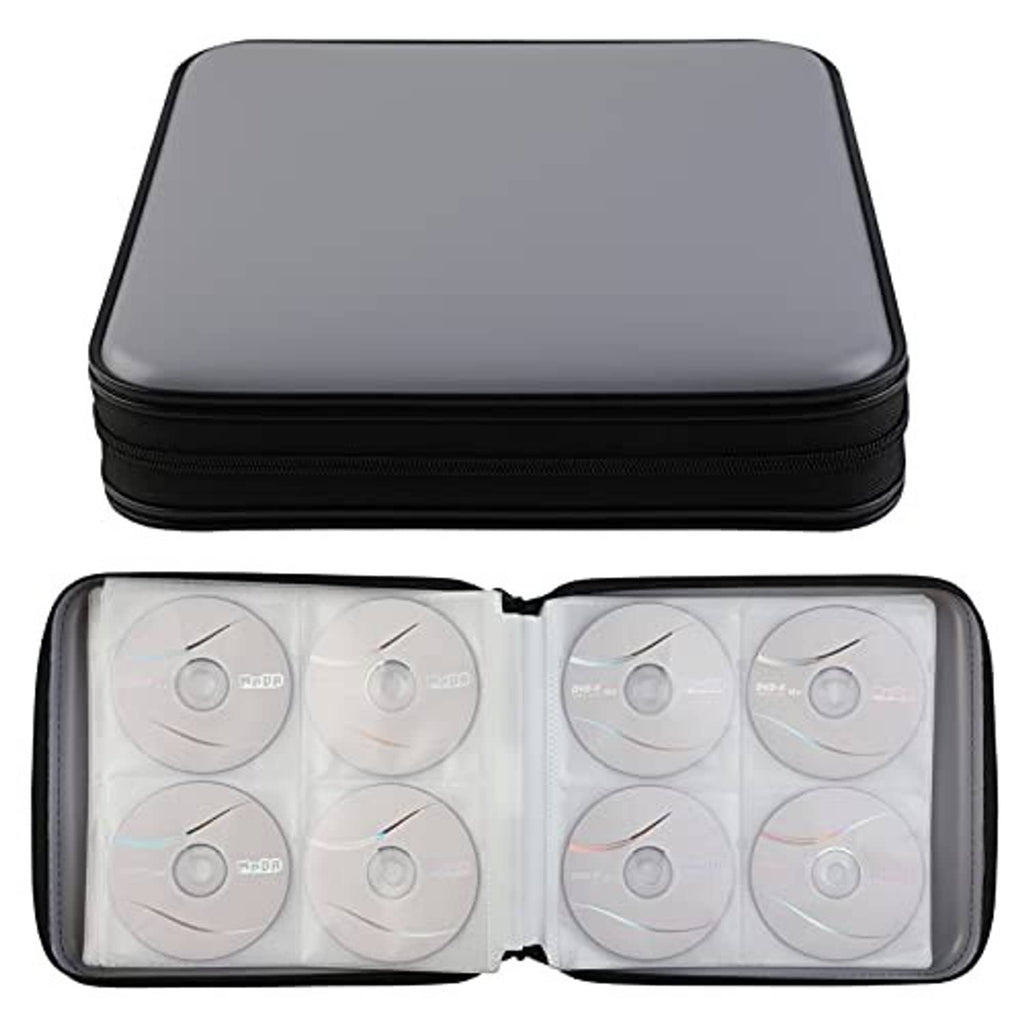 Open grey CD storage case with black zipper holding multiple disc sleeves.