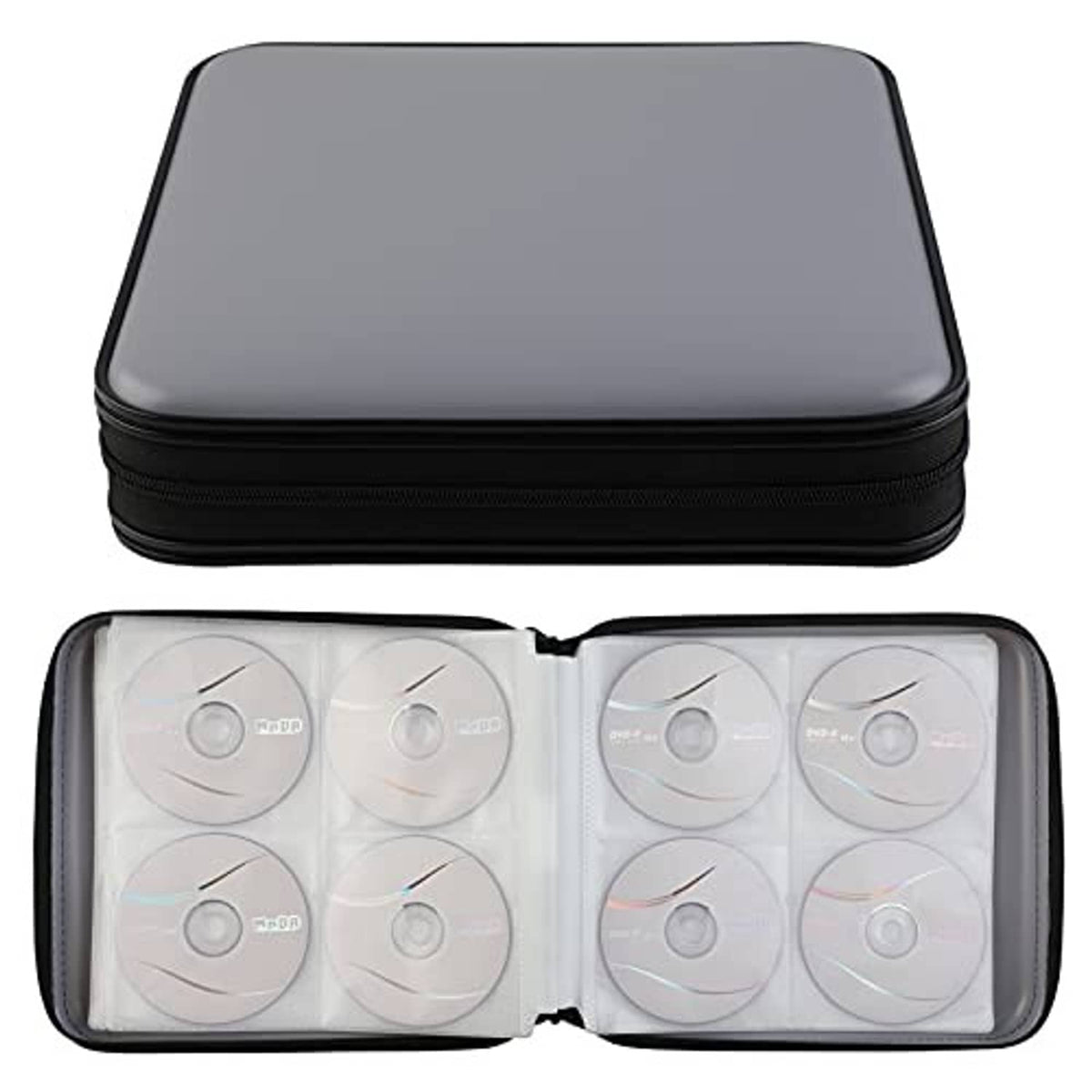 Open grey CD storage case with black zipper holding multiple disc sleeves.