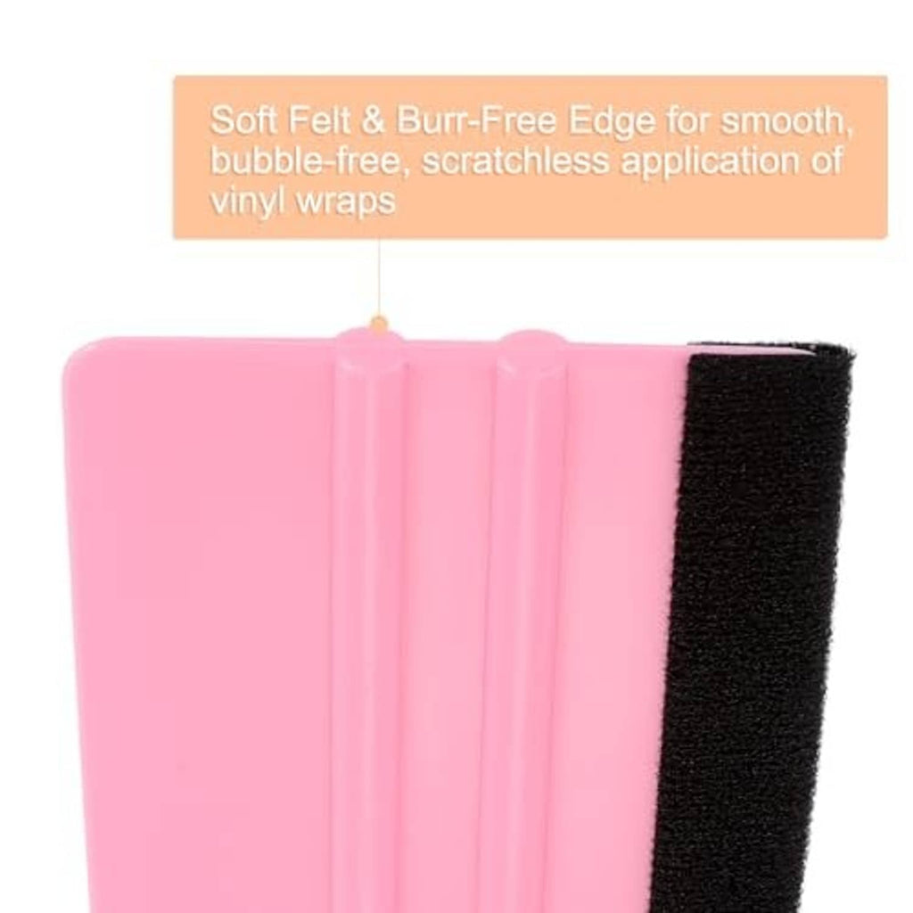 Pink felt-edge vinyl squeegee close-up with black pad on the edge