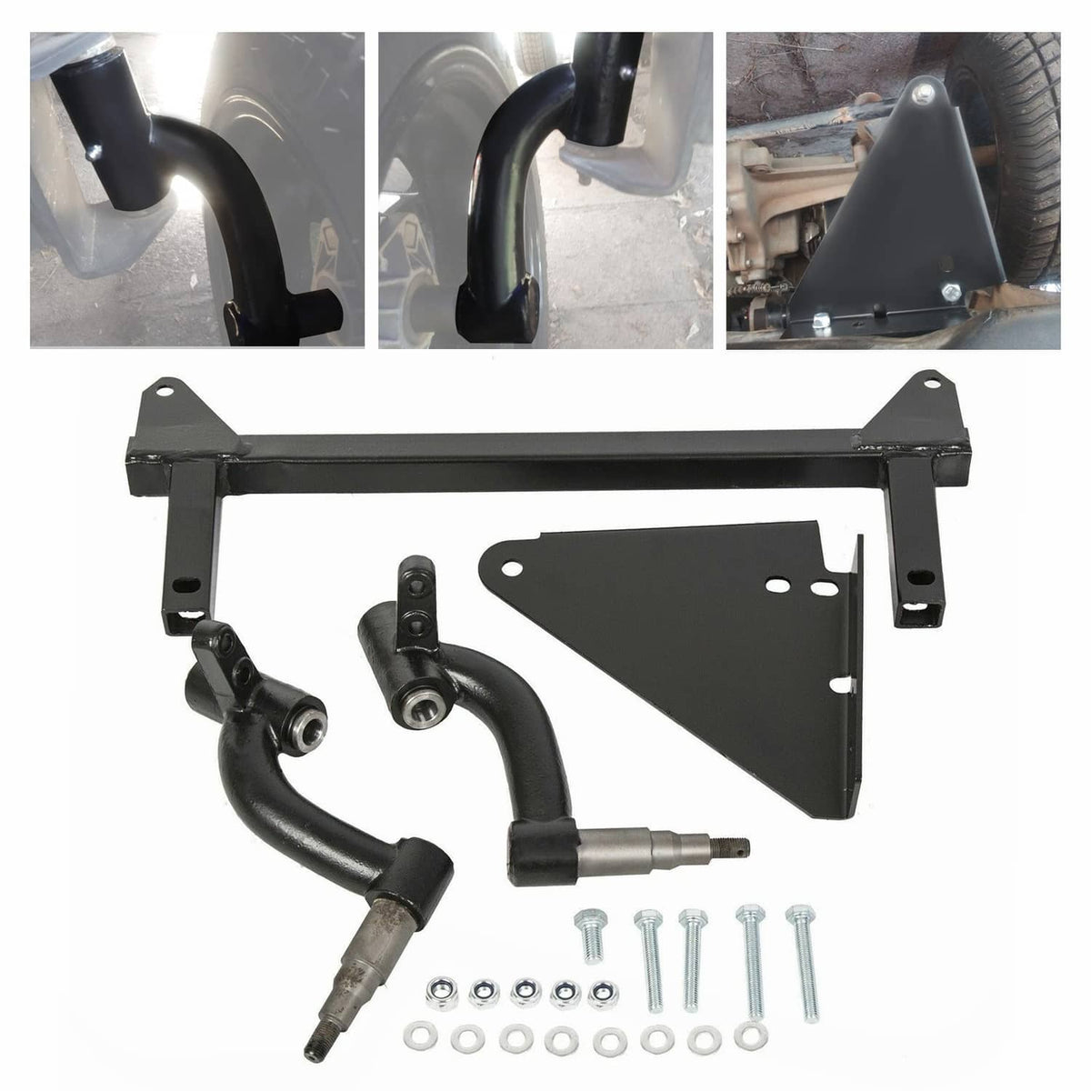 Black metal spindle lift kit frame with curved arms, hoses, and mounting hardware set