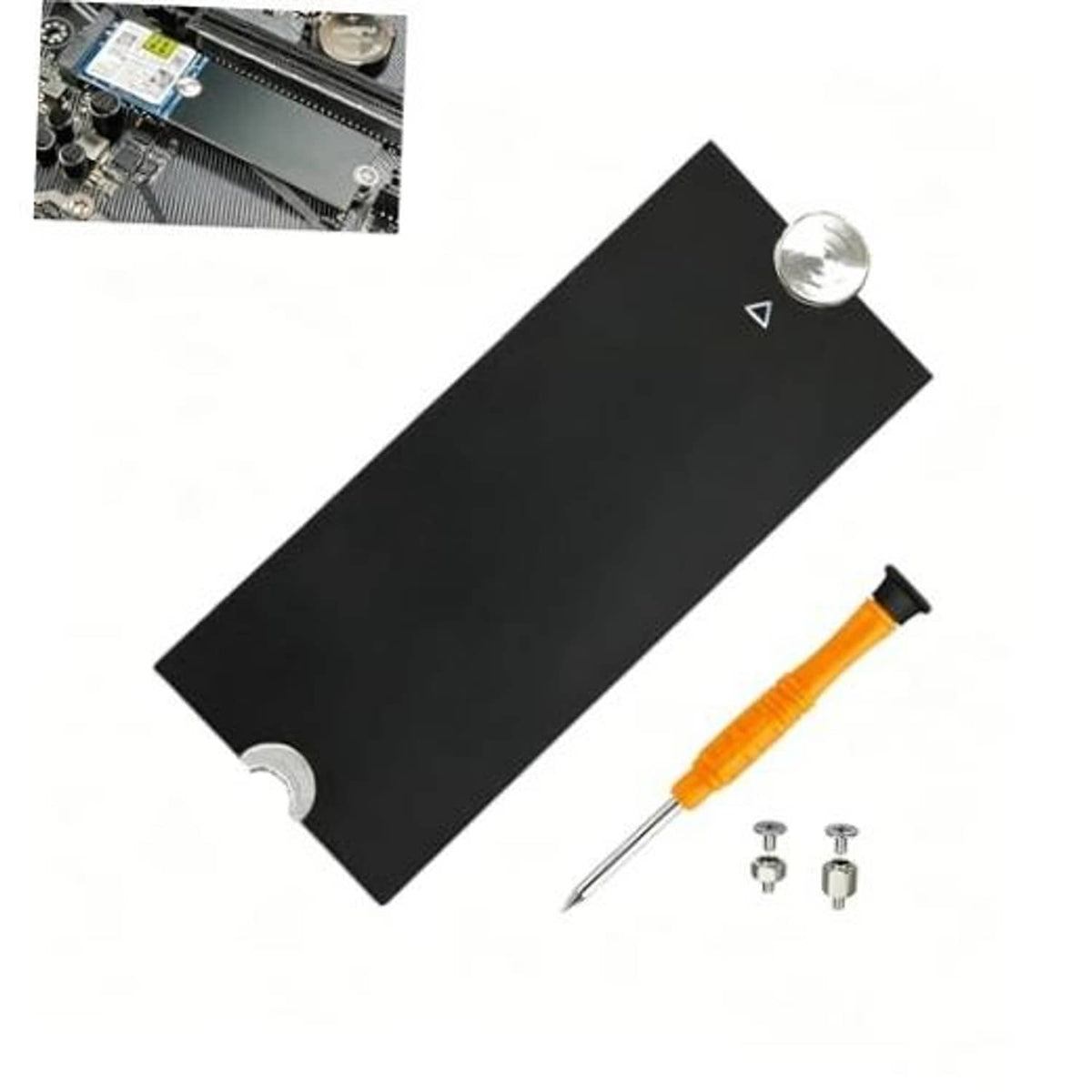 NVMe adapter extender bracket, black plate with silver posts and included screws
