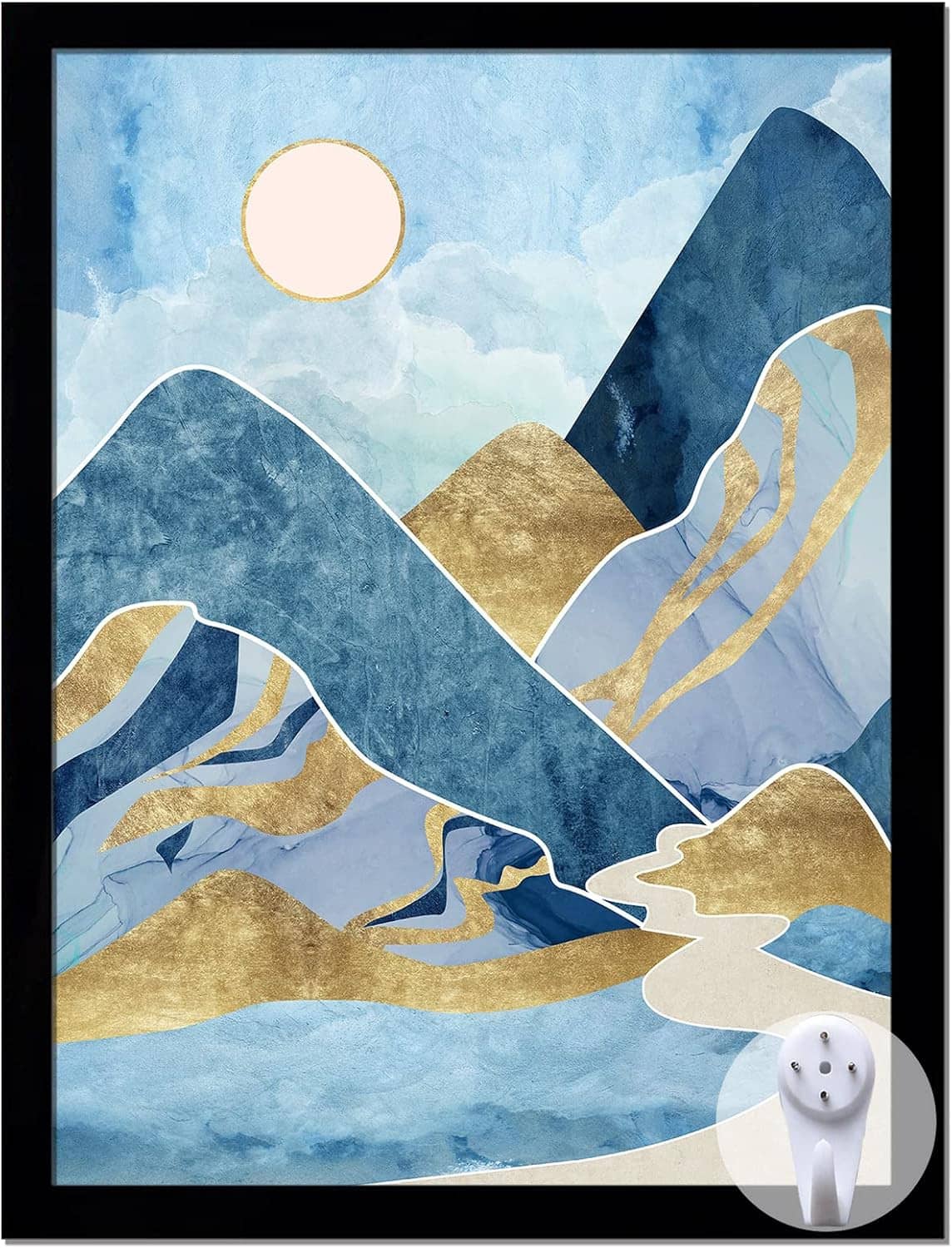 Black photo frame featuring abstract mountain scene artwork in blue and gold tones.