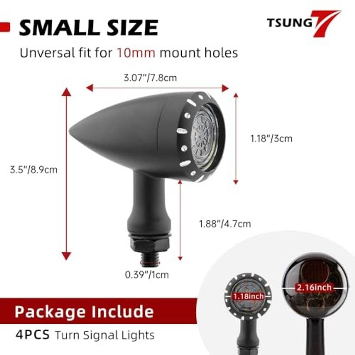 Small black motorcycle bullet LED turn signals for 10mm mount holes, four-piece set