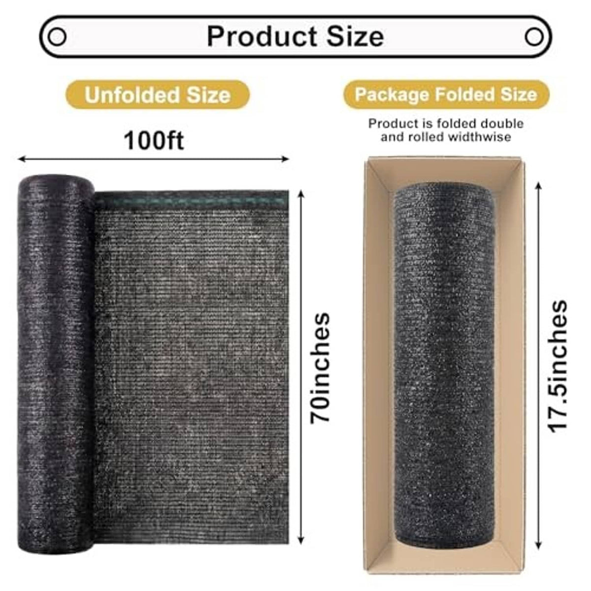 Rolled dark gray shade cloth mesh shown in a cardboard package box