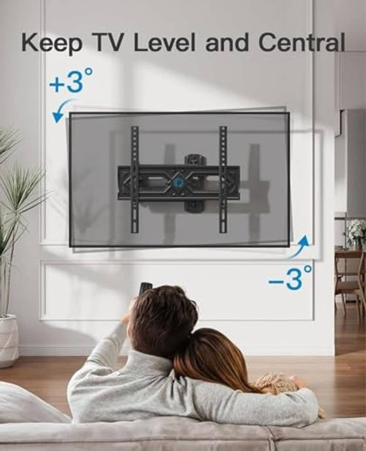 TV wall mount with tilt adjustment and centered alignment for flat screen mounting