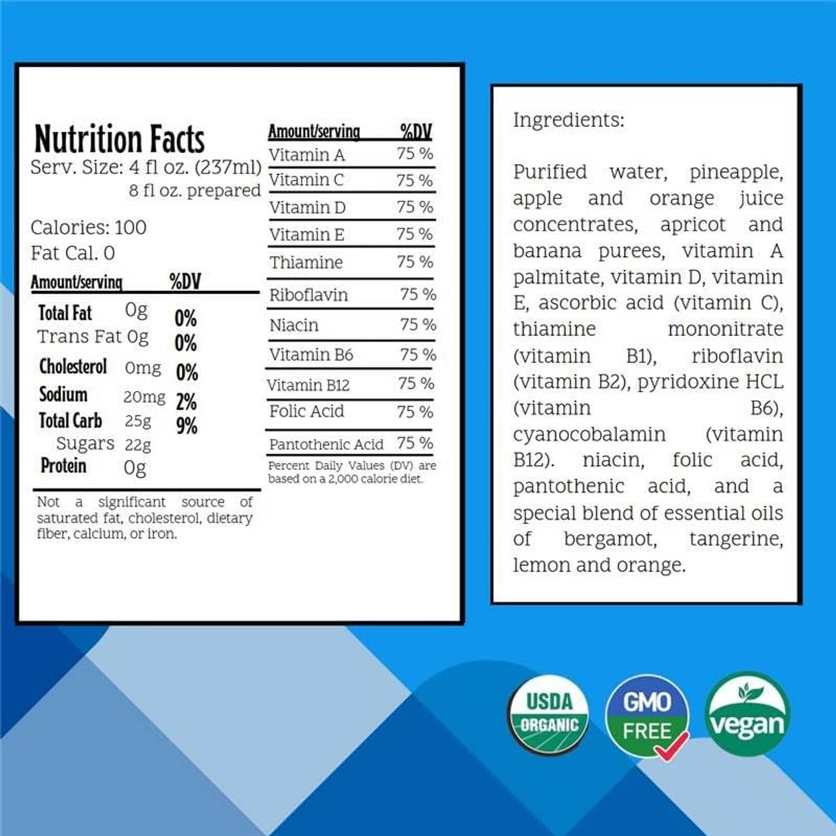 Nutrition facts and ingredients panel with vitamins, calories, and purified water blend