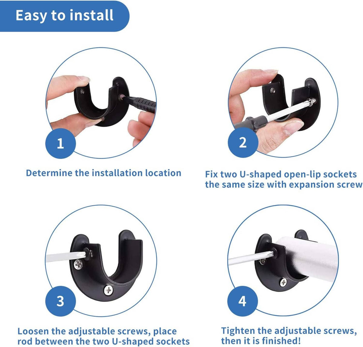 Black U-shaped closet rod bracket with adjustable screw sockets for installation