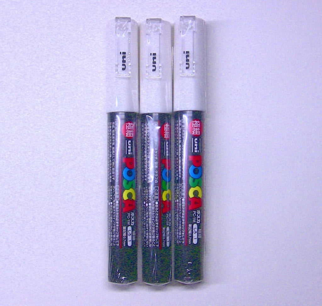 Triple set of Uni Posca PC-1M white paint markers in clear plastic caps