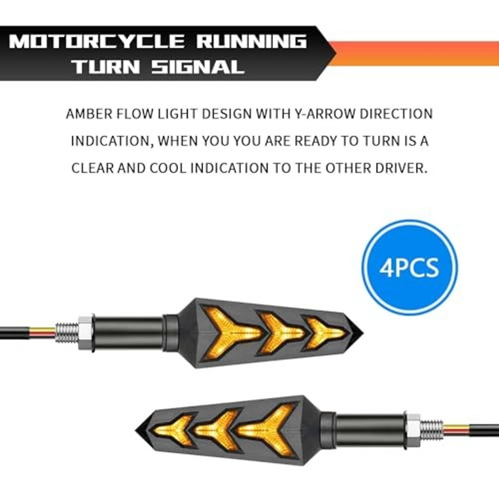 Pair of motorcycle LED turn signals with amber Y-arrow flow indicators and black housings