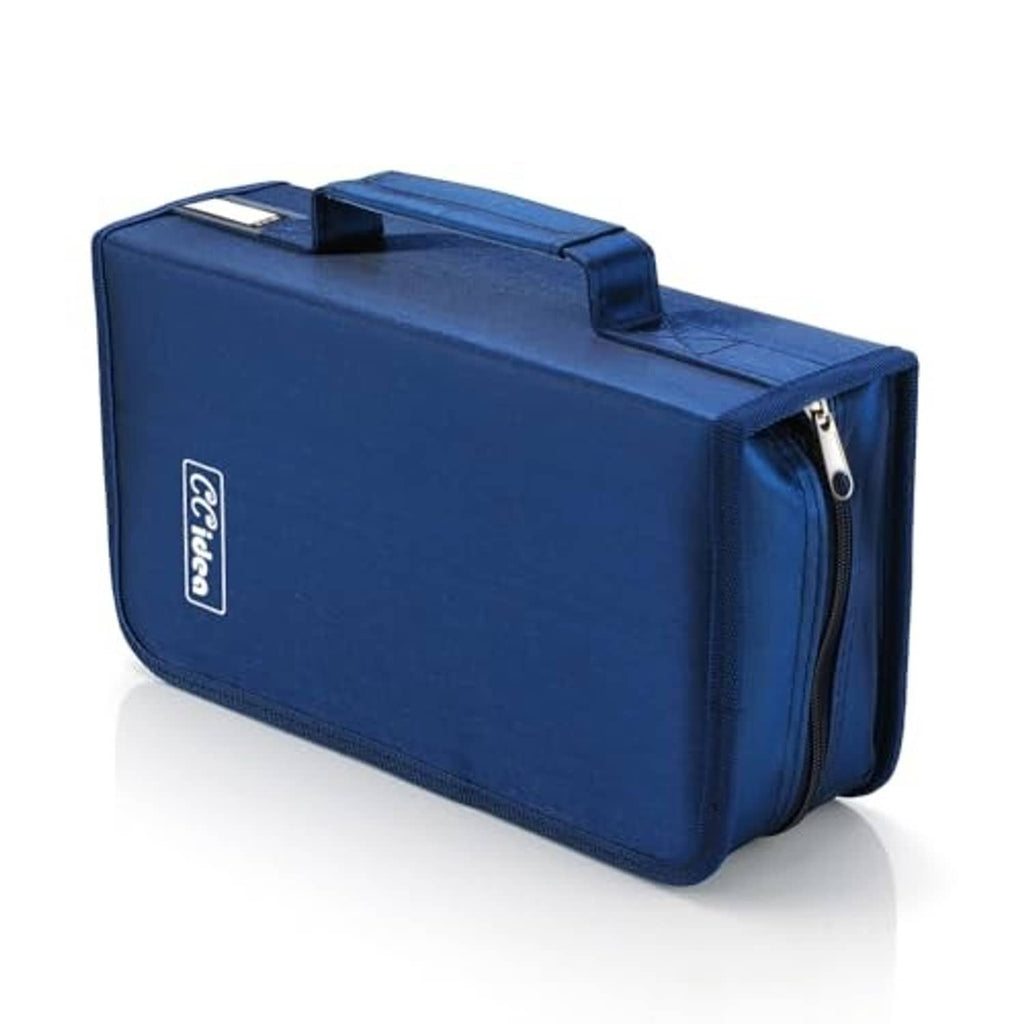 Blue zippered CD/DVD storage case with top handle and side label