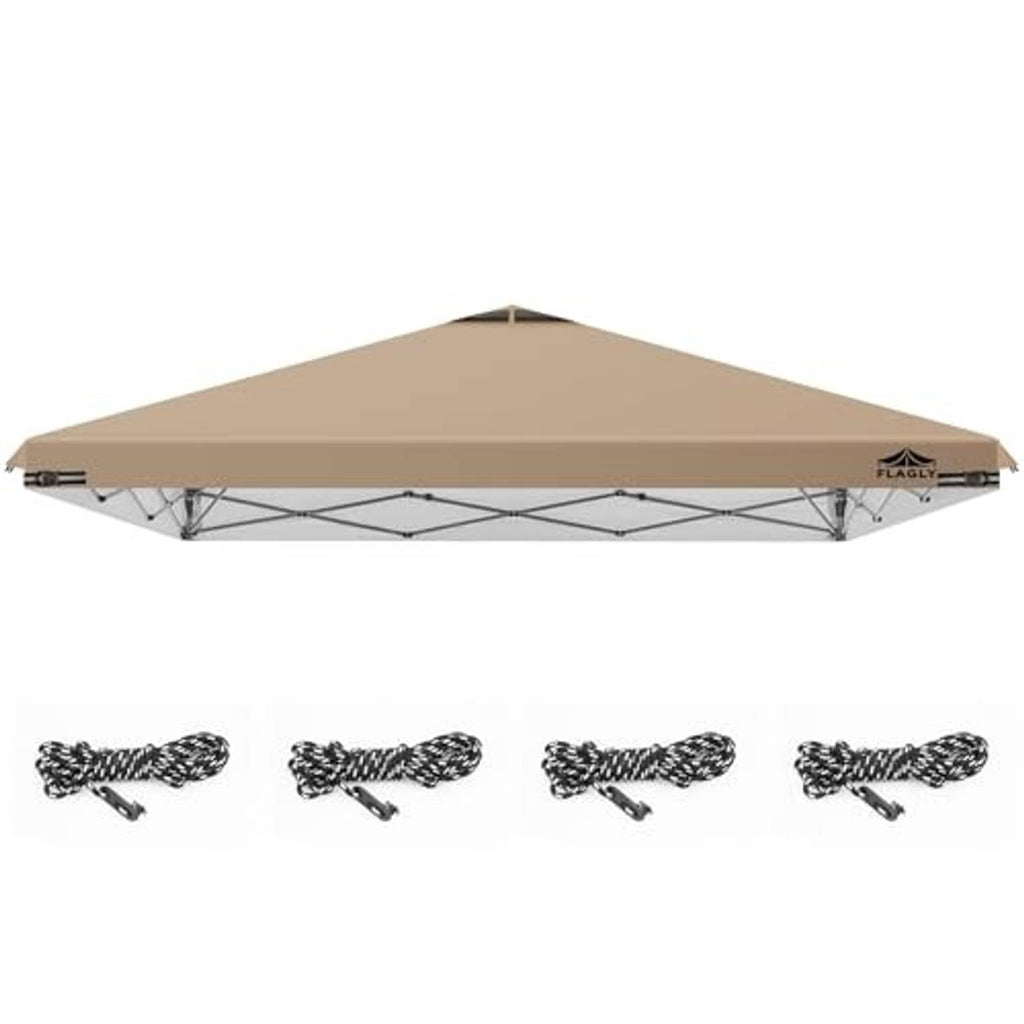 Khaki replacement canopy top with crossbar frame, side view with included tie ropes