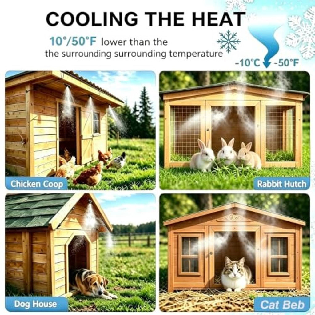 Outdoor misting hose kit with multiple nozzles, spraying fine water mist for cooling