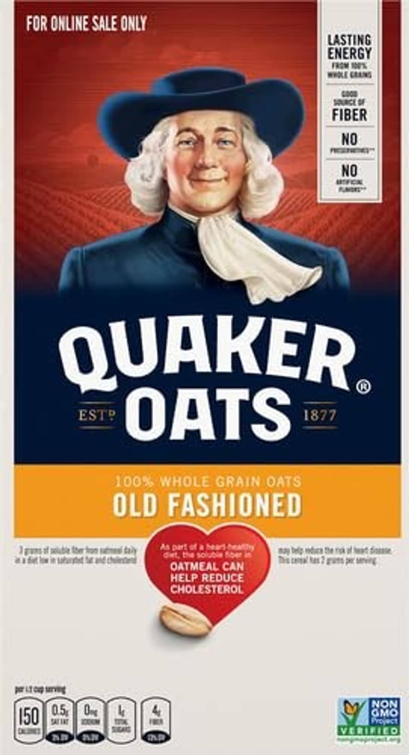 Quaker Old Fashioned Rolled Oats front box, 100% whole grain, non GMO verified