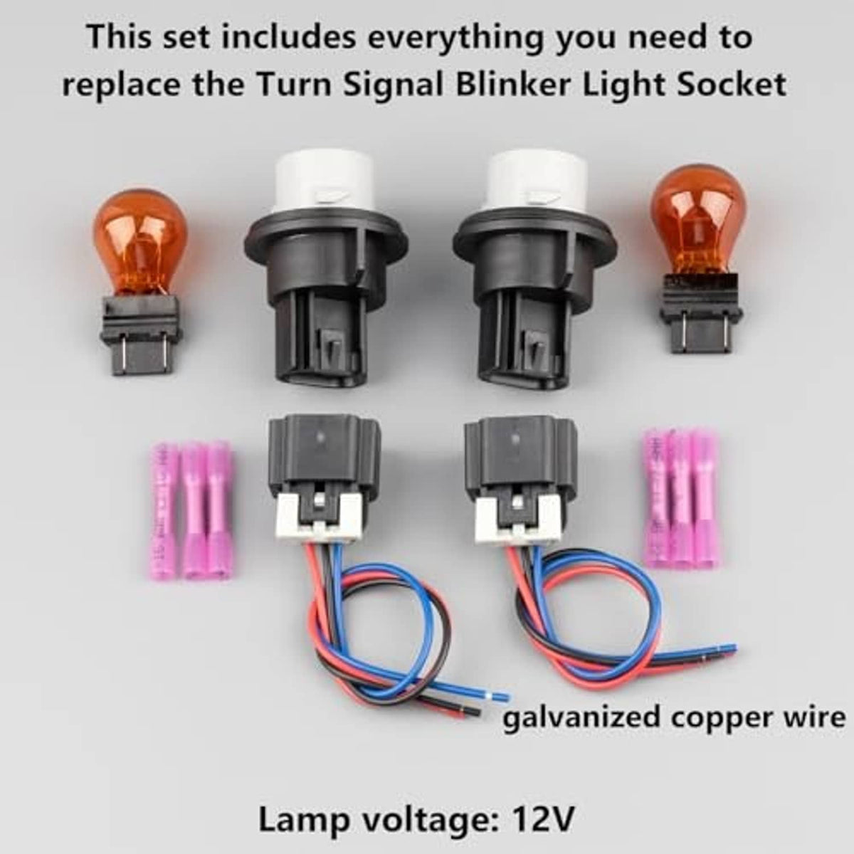 Turn signal blinker light socket set with wiring harness, four amber bulbs and leads