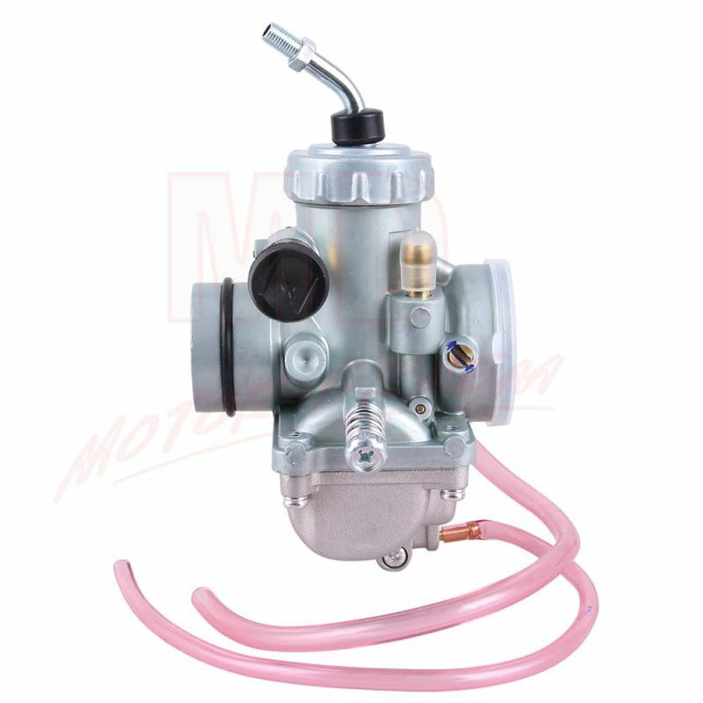 Metal motorcycle carburetor with intake boot and pink fuel line
