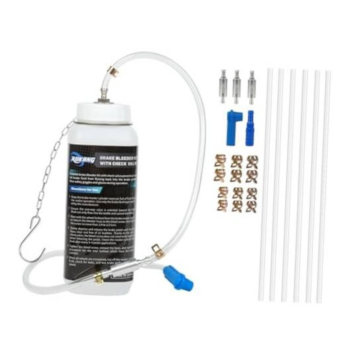 Brake bleeder bottle kit with clear hose, blue one-way check valve, and hanging hook