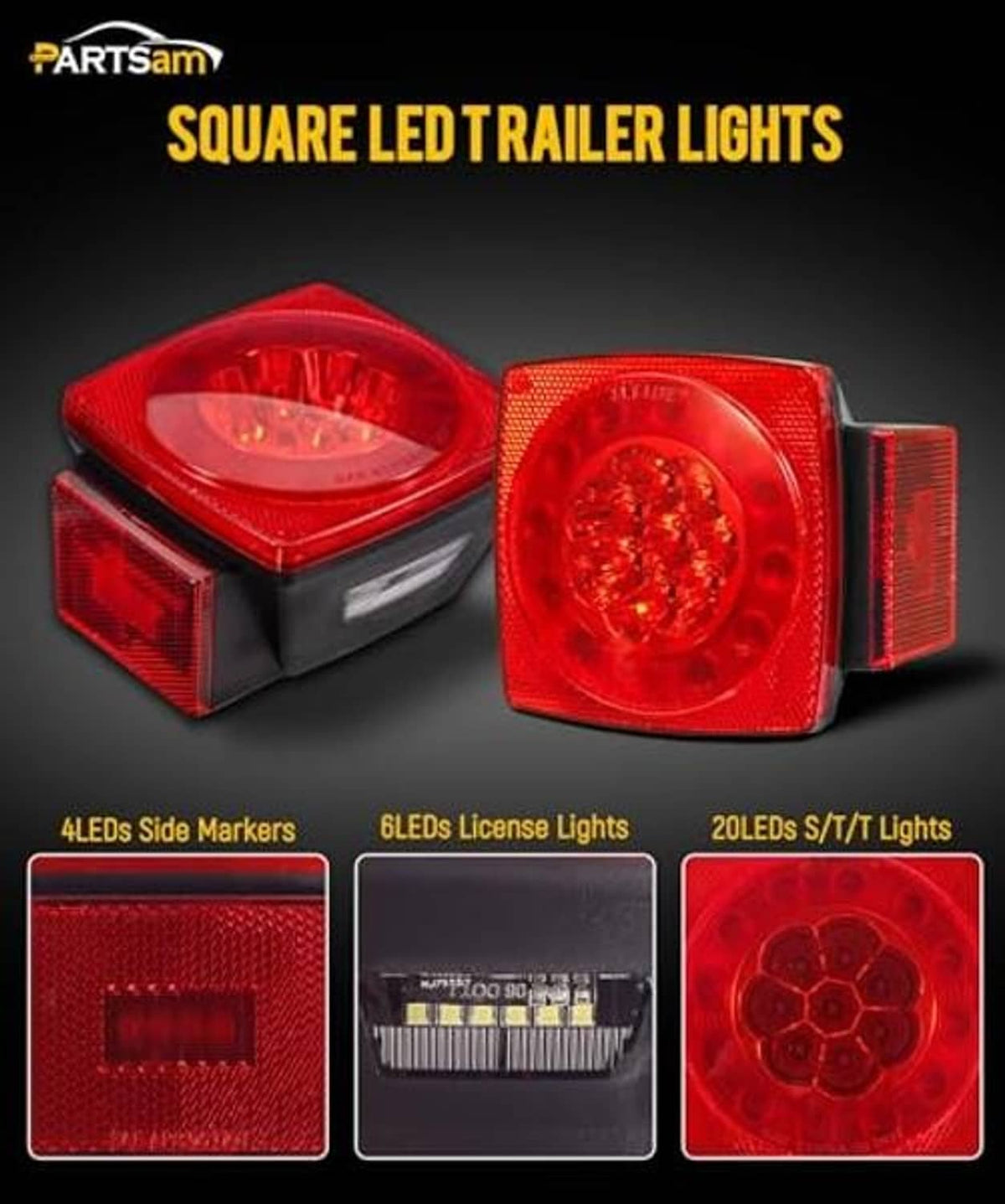 Square red LED trailer tail light with round center and side marker lenses