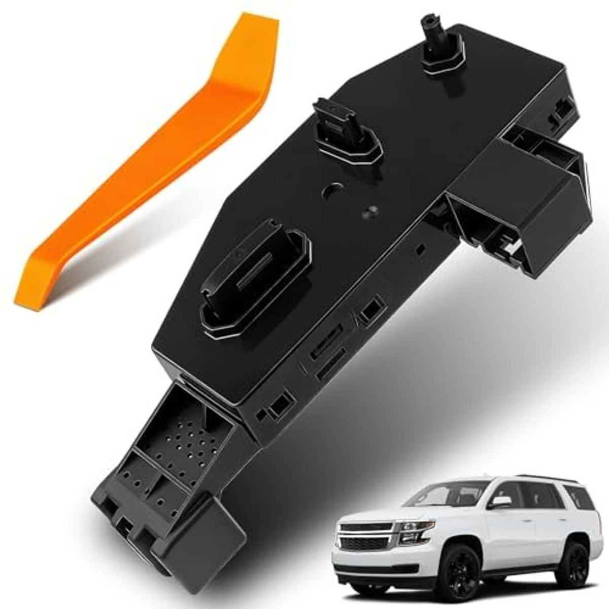 Black driver seat power switch assembly with two posts and side connector housings
