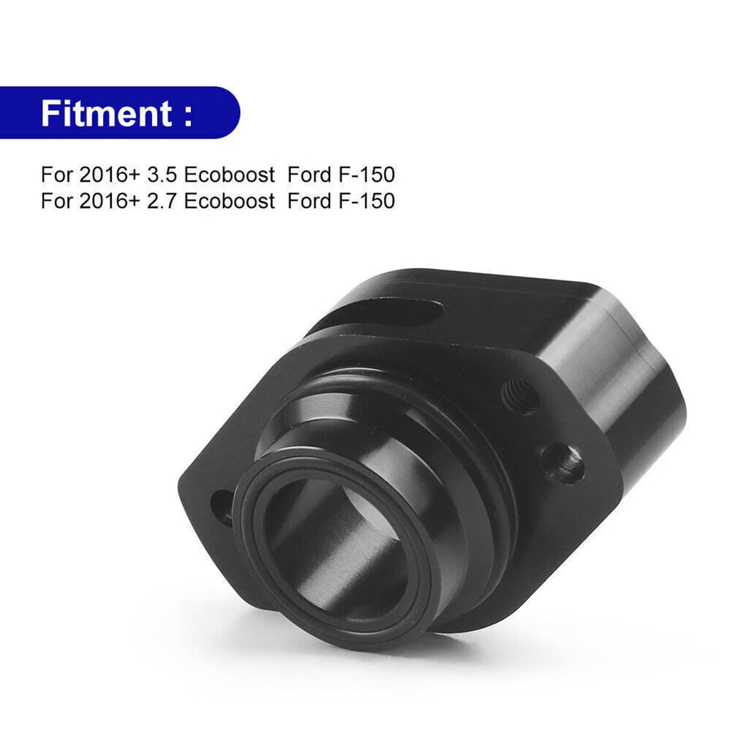 Black cylindrical blow off valve adapter with flanged mounting face and inner opening