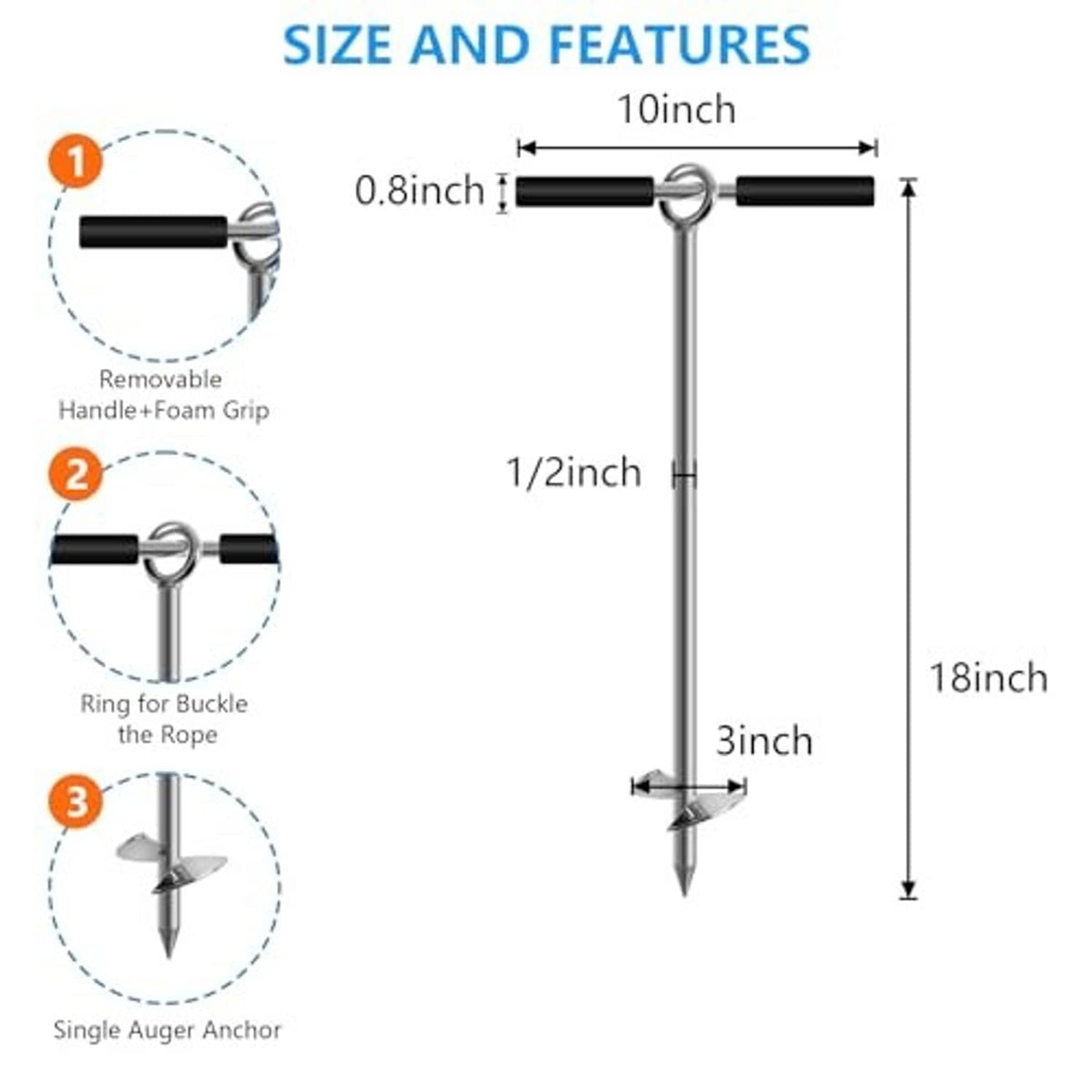 Sand anchor size diagram showing 18-inch shaft and single-auger screw tip