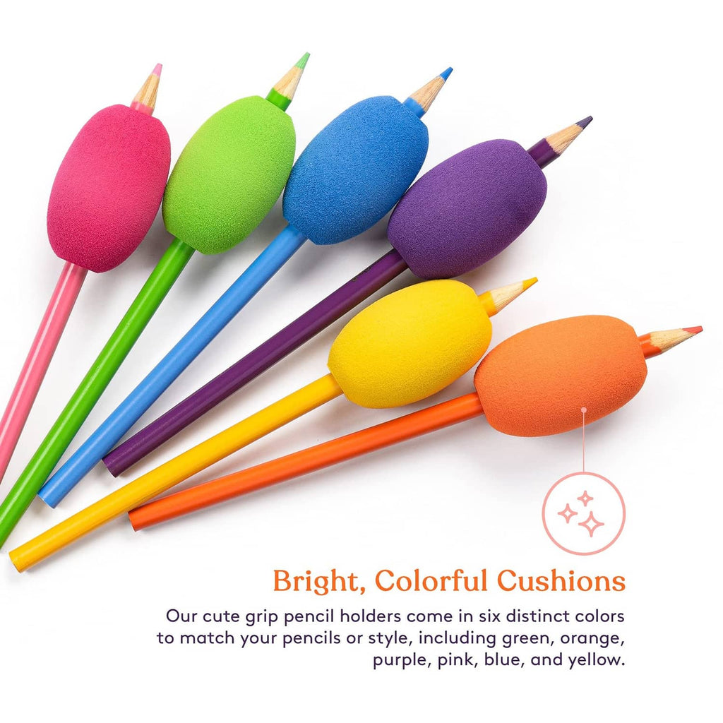 Colorful egg pencil grips on pencils: pink, green, blue, purple, yellow, orange