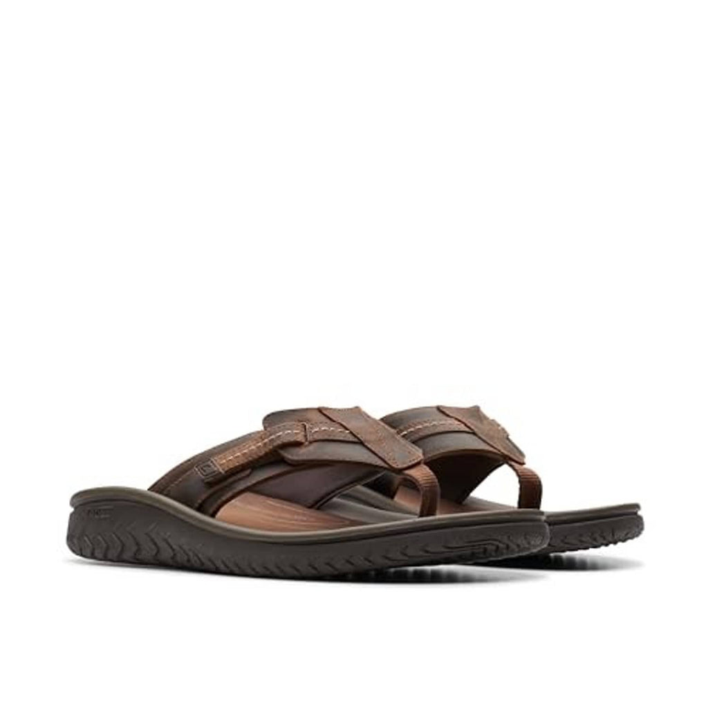 Men's brown beeswax leather slide sandals with hook-and-loop strap