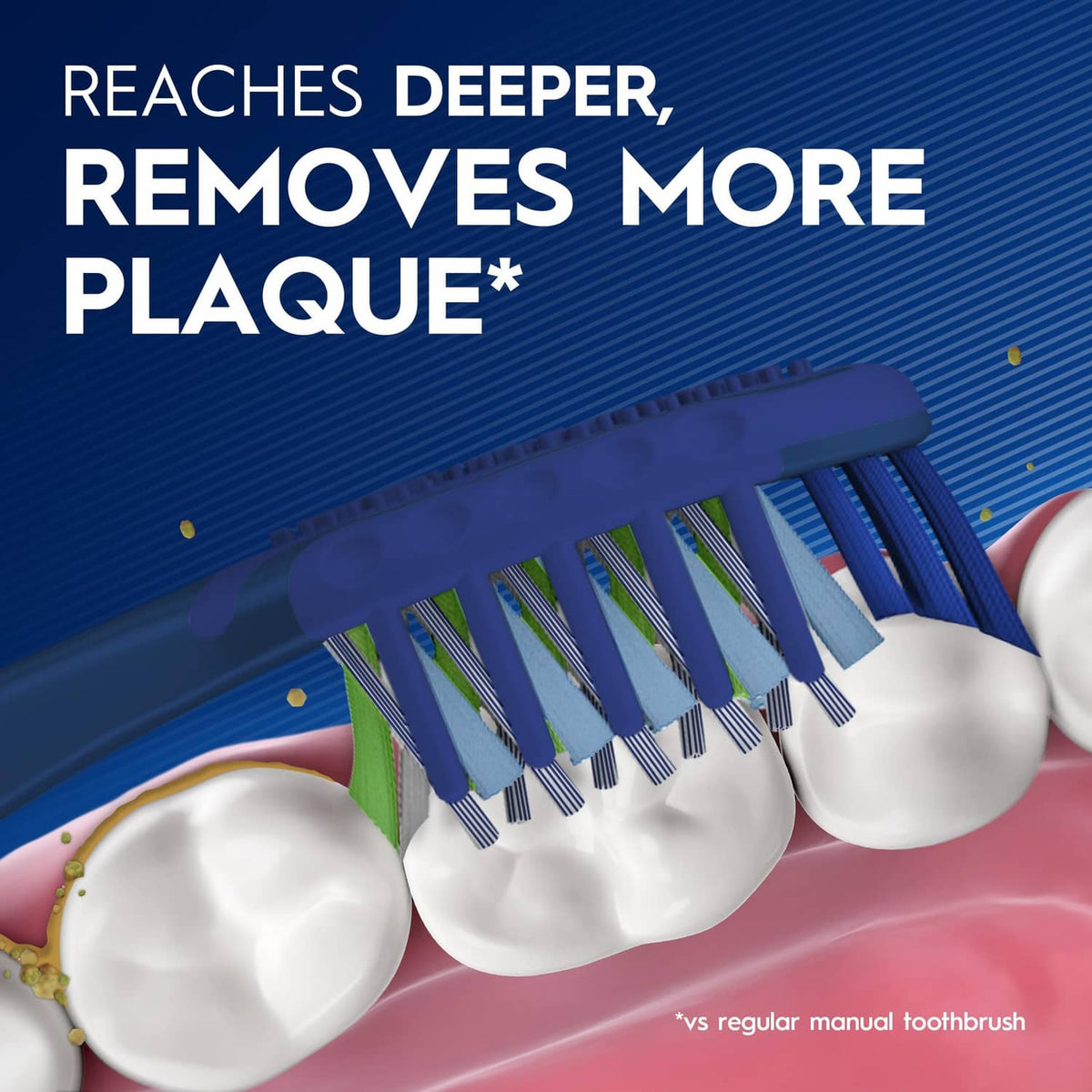 Toothbrush heads with blue bristles, angled rows for deep cleaning