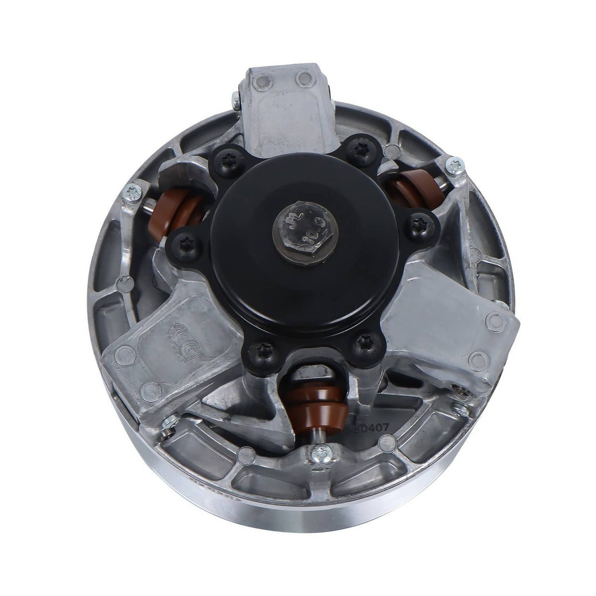 Drive pulley clutch primary assembly, black center cap with bronze weights in silver housing
